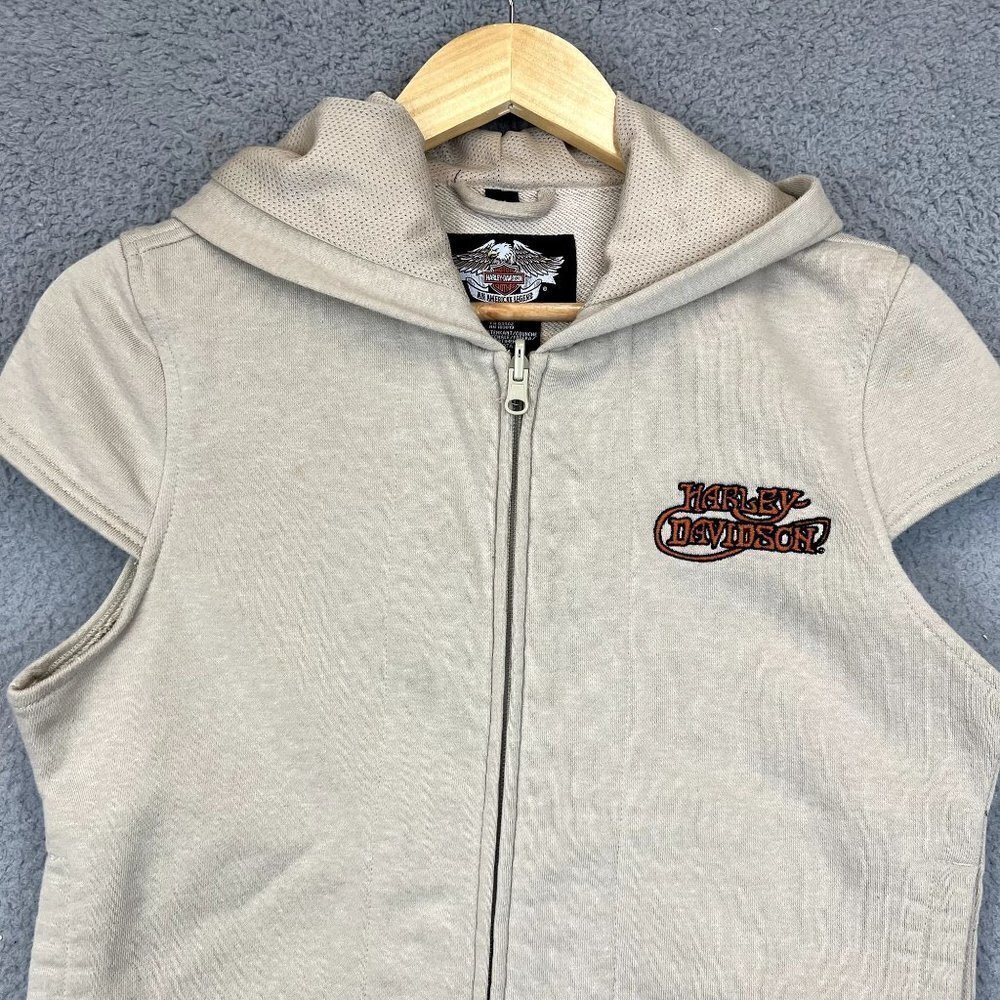 Harley Davidson Short Sleeve Tan Zip Up Vest Hoodie Top Women's Sz M embroidered - Picture 3 of 8